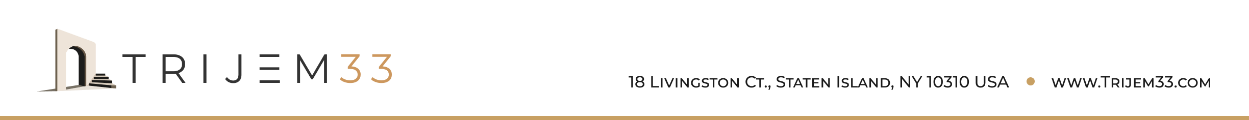 Trijem33 letterhead showing the archway logo wordmark on the left and the company address with website on the right, above a gold rule